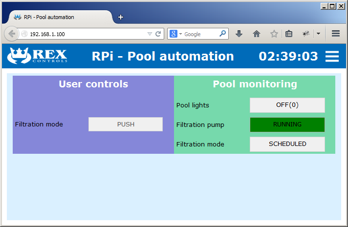 WebBuDi HMI for the pool automation project (filtration running)