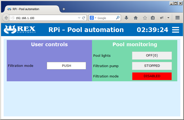 WebBuDi HMI for the pool automation project (filtration disabled)