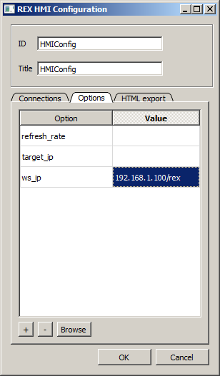 Configuration dialog of the RexHMI extension for Inkscape