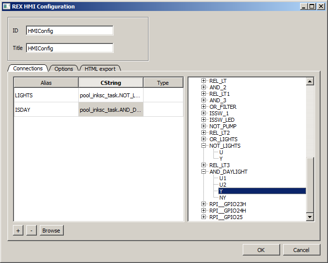 Pairing aliases of the RexHMI extension with the signals of the control algorithm