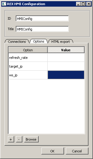 Configuration dialog of the RexHMI extension for Inkscape