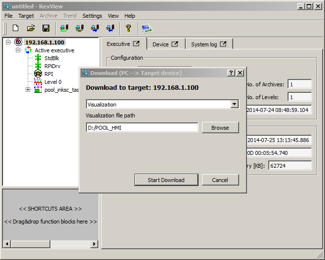 Downloading HMI to target device of the REX Control System