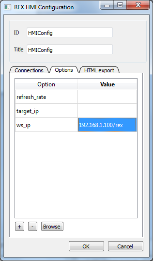 Configuration dialog of the RexHMI extension for Inkscape