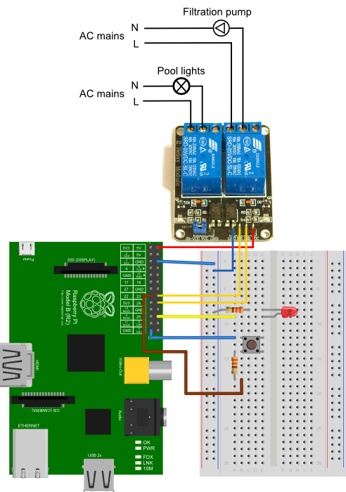 Wiring diagram for pool automation using the Raspberry Pi.